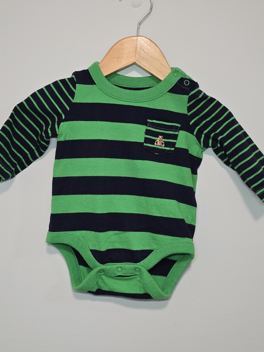 GAP Green & Navy Striped Baby One-Piece Long Sleeve Bodysuit 0-3M